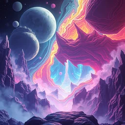 two psychedelic realms melding into each at the edge of existence, highly detailed, illustration in the style of synthwave, artstation, unreal engine, volumetric lighting, raytraced lighting, sharp focus