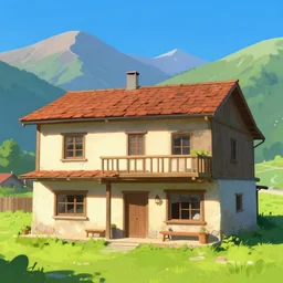 a two storey building, old, mountains by alena aenami, vibrant, lanscape, digital
