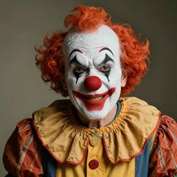 an very old clown with a big nose of an alcoholic, fierce look, studio photograph, soft lighting
