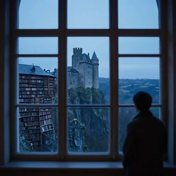 figure looking through a wide window, castle library, cold nightfall, lonely, cliff landscape, photorealistic by michael komarck, greg rutkowski, victo ngai, artgerm, willem claesz heda