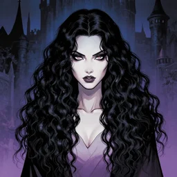 artgerm, joshua middleton comic cover art, full body pretty kacey rohl vampire, symmetrical eyes, symmetrical face, long curly black hair, dark castle background background, cinematic lighting