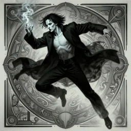 keanu reeves neo from matrix 1 as sandman, with fingers and hair turning into smoke, vertigo, full figure dynamic fighting pose, pale skin!, goth, bauhaus, fantasy, intricate, elegant, highly detailed, digital painting, artstation, concept art, wallpaper, smooth, sharp focus, illustration, art by artgerm and greg rutkowski and alphonse mucha