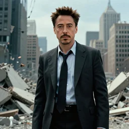 film still of Robert Downey Jr as Cobb with the city crumbling in the background in Inception, 4k