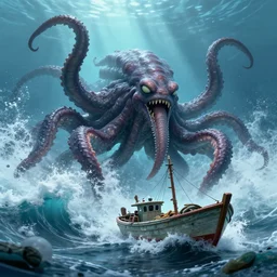 a huge tentacled monster of the deep emerges out of the crashing waves to attack a small fishing boat, horror, trending on artstation, rendered in octane, global illumination