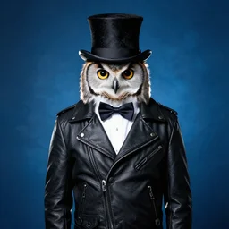 one owl wearing black biker jacket, portrait photo, backlit, textured kobalt blue background, studio photo, suit, bow tie, tophat, tophat