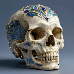 hyperrealistic 3 d render skull, the skull is decorated with art deco patterns, hyperrealistic, volumetric lighting, ultra detailed, elegant, octane render, blue and gold, 8 k, trending on artstation, unreal engine