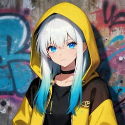 highly detailed portrait of a city punk lady student, blue eyes, hoodie, white hair by akira toriyama, gradient yellow, black, brown and cyan blue color scheme, grunge aesthetic!!! ( ( graffiti tag wall background ) )