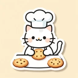cat wearing chefs hat baking biscuits sticker, line art, sticker art