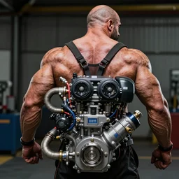 a muscular bald man with engines on his back and drainage pipes from his arms, diesel engine, gasoline engine, combustion engine, high definition photograph