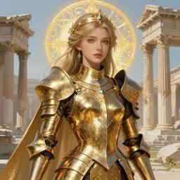 portrait knights of Zodiac girl, golden and copper reflected armor, in ruined Agora of Athens, ssci-fi, fantasy, intricate, very very beautiful, elegant, highly detailed, digital painting, artstation, concept art, smooth, sharp focus, illustration, art by tian zi and WLOP and alphonse mucha