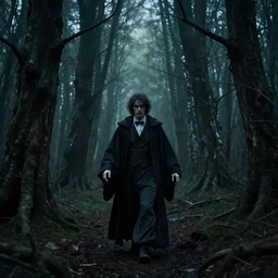 a magician in a robe enters a scary forest made of dead trees in alan lee and marc simonetti and emil melmoth style  , cinematic lighting