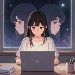 a beautiful anime-style digital concept painting of a young woman studying on a laptop in front of a window with a view of the universe, symmetrical face, by Stanley Artgerm Lau, WLOP, Rossdraws, LeraPi, and Sakimichan, trending on artstation