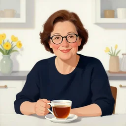 portrait of beautiful middle aged woman sitting in a table with a hot cup of tea, small wide smile, mandel eyes, glasses, smooth skin, small plump lips, oval face, big cheeks, calming white background of a kitchen with yellow flowers, cheerful colours, oil painting, sharp focus, illustration, artstyle of michelangelo