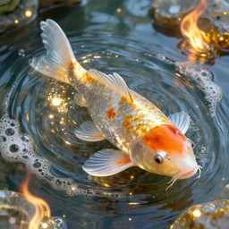 transparent marble koi-fish, flowing water, glowing gold embers, spiritual vibes, glass flame, amaro, art nouveau, foamy bubbles, Redshift render, cgi, 3d, hyper-detailed, ultra-realistic, photo-bash, 8k post-production, masterpiece