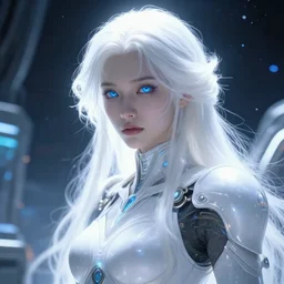 perfect white haired girl, warframe armor, beautiful, dreamy, pretty face, blue cyborg eyes, goddess, radiant light, scifi, space, futuristic laboratory, ultra realistic, intricate, glow, unreal engine, extreme details, focused, masterpiece, art by seunghee lee, tom bagshaw, alphonse mucha