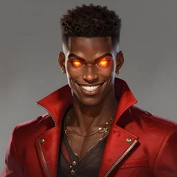 a highly detailed illustration of attractive top cut haired african guy wearing red jacket, flaming glowing eyes, dramatic smile pose, intricate, elegant, highly detailed, centered, digital painting, artstation, concept art, smooth, sharp focus, league of legends concept art, wlop