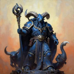 painting of great seer skaven holding a staff, prophet of the great horned rat, vermintide, zdzislaw beksinski, lewis jones, dariusz zawadzki, wayne barlow, warhammer, great horned rat, cold hue's, warm tone gradient background, concept art