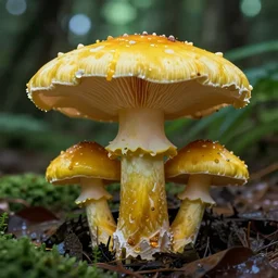 a yellow poisonous mushroom in a dark lush forest, canon - n 9
