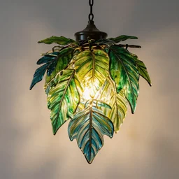 a hanging lamp in the shape of leaves and plants made of detailed colorful glass