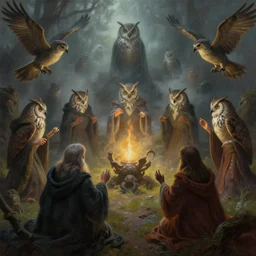 masterful fantastic realist painting of the enchanted summoning rituals of moody birds wearing cloaks, exotic owl wizardry, weird perspective, digital painting trending on artstation, volumetric lighting and mist, hyperrealistic, octane render
