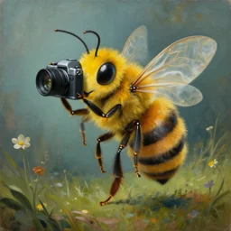 surrealistic painting of a human bee chimera holding a camera