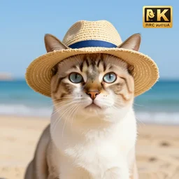 beautiful photo portrait egyptian cat wearing a beach hat at the beach, professional photo, detailed cat, funny, cute, summer, 4 k