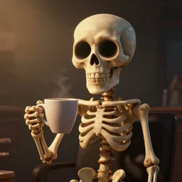 portrait of a funny skeleton character holding a cup of coffee. pixar style animation 3 d extremely gloomy lighting, shining light and shadow, atmospheric, cinematic, unreal engine, 8 k