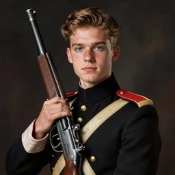 « a vanu, soldier, full portrait, heavy gun, beautiful face, blue eyes, tall young male »