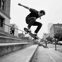 alfred hitchcock skateboarding performs a tre flip down a staircase in the city, black and white, detailed photography