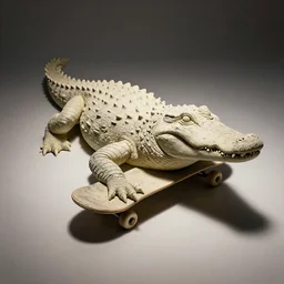 rough plaster sculpture of an alligator on a skateboard, high resolution photograph, strong directional light, strange atmosphere