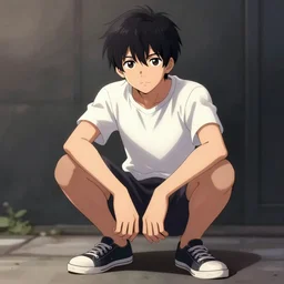 a single boy sitting in a slav squat, in a style of gashi gashi, trending on devianart, sharp focus, digital painting