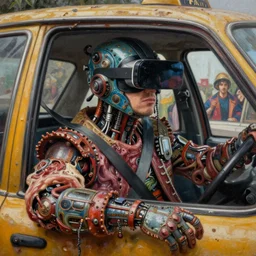 junky men taxi driver, cybertronic gadgets and vr helmet, durty colours, rotten textures, rusty shapes, flesh + technology, biotechnology, norman rockwell, tim hildebrandt, dariusz zawadzki, hyperrealistic oil painting on canvas, deep depth field, cinematic composition, hyper - detailed, hdr, 8 k, 4 k