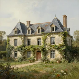 a large serene beautiful matte painting of a delapitaded quaint french country mansion covered in a state of disrepair in vines, by asher brown durand and george ault featured on artstation