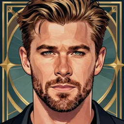 Chris Hemsworth, portrait imagery illustrated by Huaixuan Xiang, in an anime and art deco style, symmetrical face, detailed face, beautiful eyes, 4k, 8k