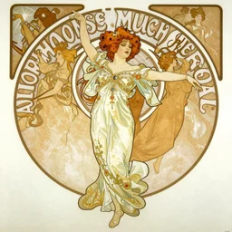 realistic detailed dramatic symmetrical portrait of Theda Bara as Salome dancing while dressed in an elaborate jeweled gown, by Alphonse Mucha, Greg Hildebrandt, Mark Brooks, and Gustav Klimt, gilded details, intricate spirals, coiled realistic serpents, Neo-Gothic, gothic, Art Nouveau, ornate medieval religious icon, long dark flowing hair spreading around her