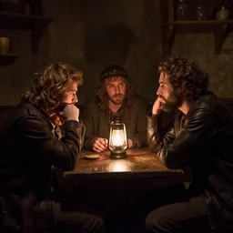 2 1 savage and 5 0 cent and drake huddled around a table with a lantern in a dark pub like in the denial of st. peter by gerard seghers