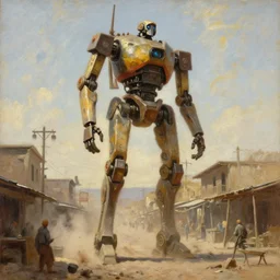 oil painting of massive tall robot transport strider in dusty wild west street, art by anders zorn, wonderful masterpiece by greg rutkowski, beautiful cinematic light, american romanticism by greg manchess, jessica rossier