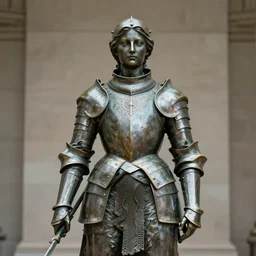 bronze statue of a beautiful and young woman knight is standing determined