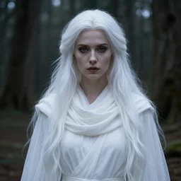 an ethereal high witch with long beautiful platinum white hair, in a white flowing detailed cowl, detailed face in natural makeup, dark aesthetic, fantasy setting in a forest