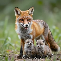 A real photo of a smiling green fox giving birth to three youngsters, hyperrealistic