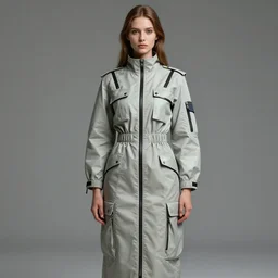 an octanre render realistic portrait by alphonse mucha of a russian girl detailed features wearing a cargo wedding dress - sporty, sleek, tech utility - chic trend. lots of zippers, pockets, synthetic materials, jumpsuits chic'techno fashion trend by issey miyake and balenciaga