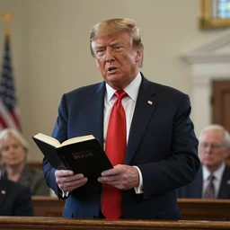 Cinematic still of Donald Trump holding a Bible, speaking in a Baptist church in rural Alabama