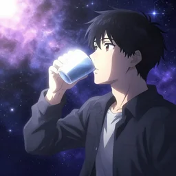 A man drinking a cup of cosmic energy bright light by Masafumi Harada, 4k, digital art, surreal, anime style,