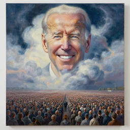 large abstract painting of giant Joe Biden cosmic clouds ermerging grinning at giant immense crowd of person army, trending on ArtStation, masterpiece, by Greg Rutkowski, by Ross Tran, by Fenghua Zhong, octane, lightbeam eyes, soft render, clear facial features, oil on canvas,, moody lighting, cinematic, professional environment concept art