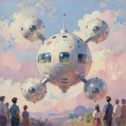 a beautiful oil painting of a flying atomic modular plant, 4k unreal engine renders, ultra-wide angle, by victo ngai, Jen Yoon, Geof Darrow, Peter Mohrbacher, johfra bosschart,Thomas Kinkade,miho hirano , HD, pastel color scheme