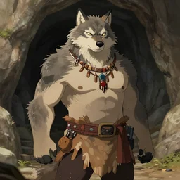 burly surly brawny character portrait feature of the anthro male anthropomorphic wolf fursona animal person wearing tribal primitive caveman outfit belt standing in the entrance to the cave, middle framed character design stylized by charlie bowater, ross tran, artgerm, makoto shinkai, detailed, soft lighting, rendered in octane