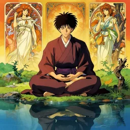 samurai meditating by a serene reflection pool, feudal japan, intense, vivid complementary colors, beautiful linework, octane render, professional concept art by jonathan hickman, miyamoto mushashi, ghibli, alphonse mucha, reads, ross tran, rutkowski, grenier, octane render, marvel, dc, dnd, detailed