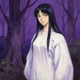 the lone priestess of the violetwood valley. this gouache painting by the award - winning mangaka has interesting color contrasts, a keen eye for details and impeccable lighting.