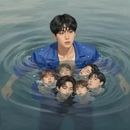 harmony blue jacket, tiny rainbow triangles, black haired yoongi, above water, ripples, six pack, by wlop, james jean, victo ngai, muted colors, highly detailed, fantasy art by craig mullins, thomas kinkade