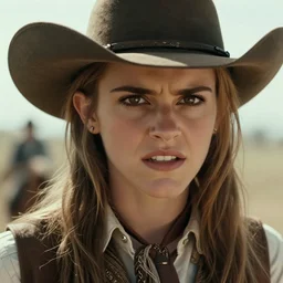emma watson as a cowboy in a western movie directed by sergio leone, angry expression, promotional image, detailed face, movie still fame, techniscope 3 5 mm film